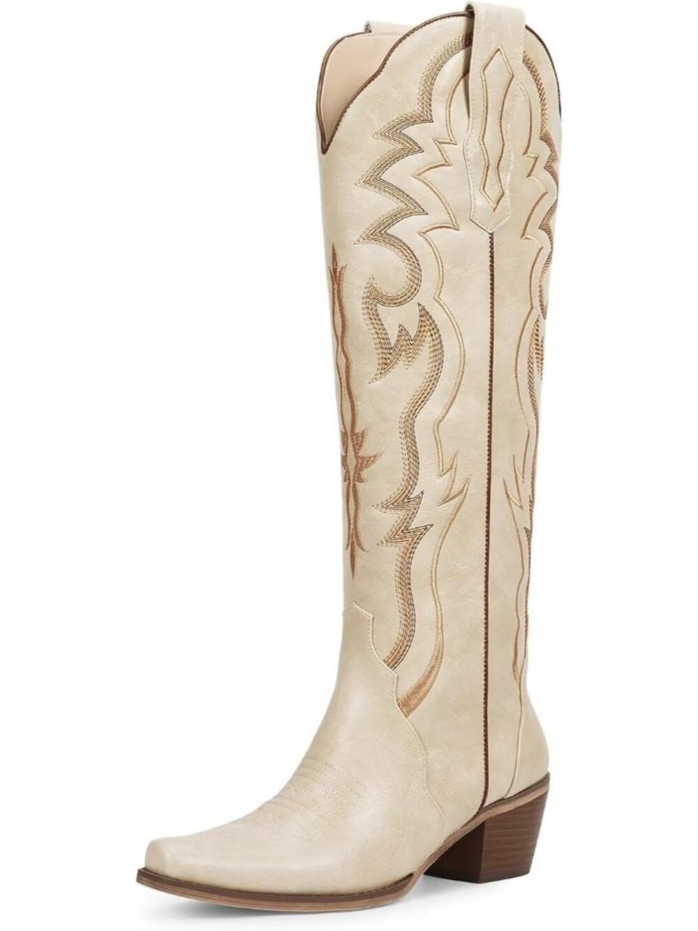 Women's Beige Low Heeled Stable Embroidery Western Soft Knee High Cowgirl Boot